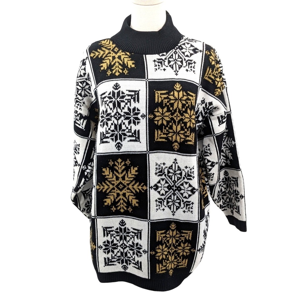 Vintage Design Trimmings Sweater L Black Gold Snowflake Christmas 90s Oversized